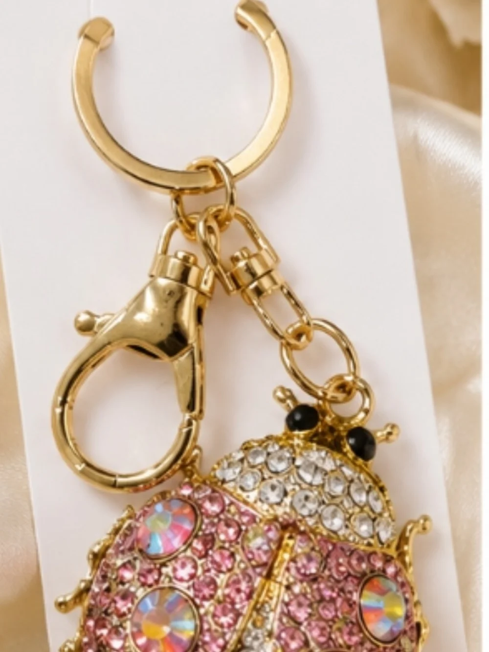 Gold-Tone Pink Crystal Ladybug Keychain Bag Charm